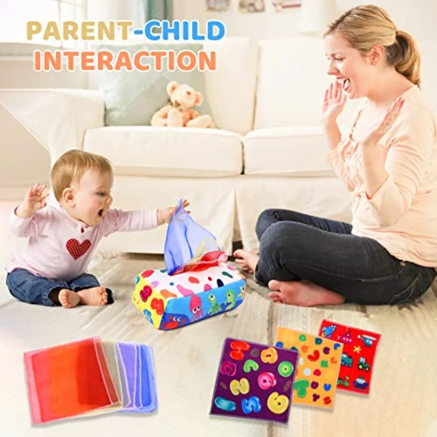 Baby Toys 6 to 12 Months - Tissue Box Toy Montessori for Babies 6-12 Months, Soft Stuffed High Contrast Crinkle Infant Sensory