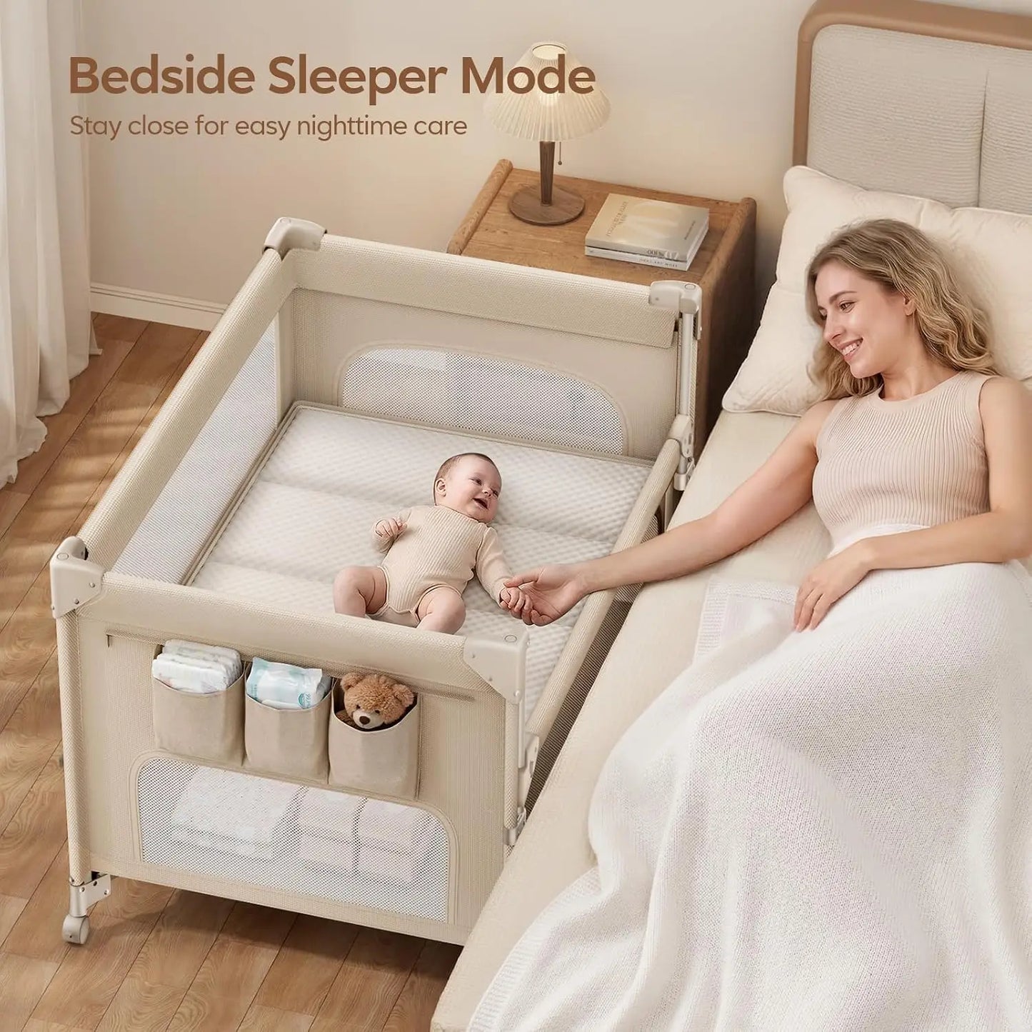 Baby Bassinet Bedside Crib, 5-in-1 One-Push Instant Fold Pack and Play with Changing Table, Napper Bassinet, Mattress & Mosquito