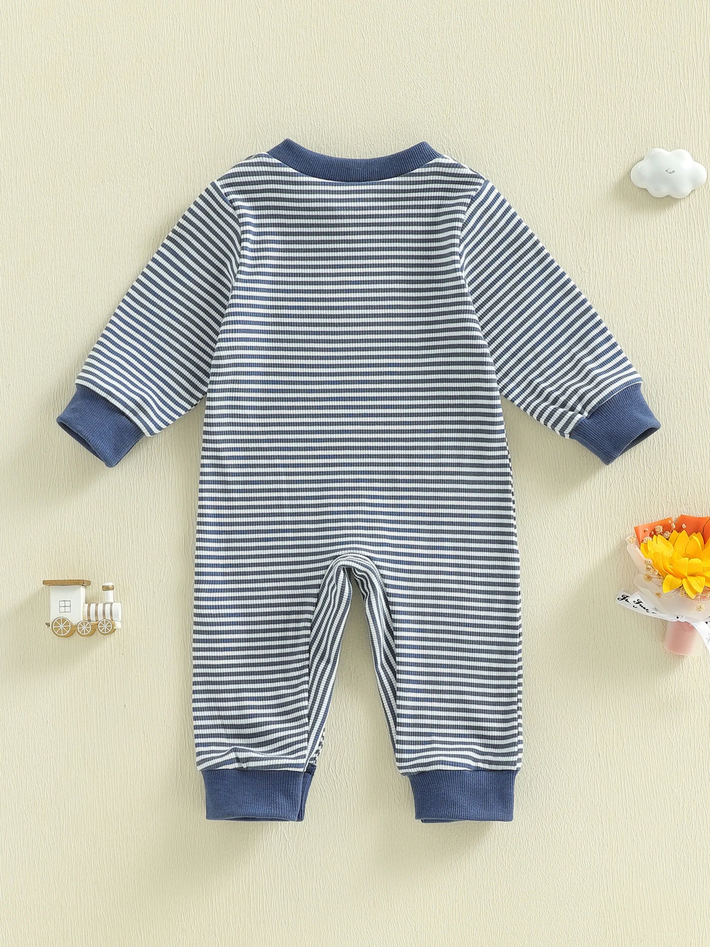 Toddler Boys Fall Striped Playsuit with Long Sleeves and Train Embroidery Comfortable Crewneck Loose Fit Romper