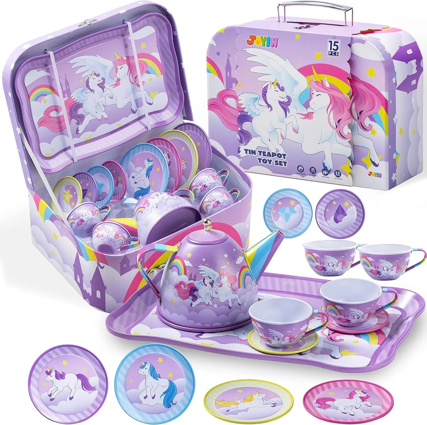 Kid Tea Set Mermaid Tea Party Set Princess Pretend Play Tin Teapot Set Kitchen Toy for Girls Toddlers 2 3 4 5 6 Years Old