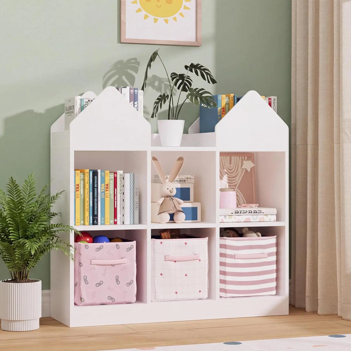 Kids Bookshelf And Toy Storage Organizer With 4 Book Racks 6 Open Cubbies Castle Design Toddler Bookshelf Toy Chest Toy Box For Playroom Nursery Daycare