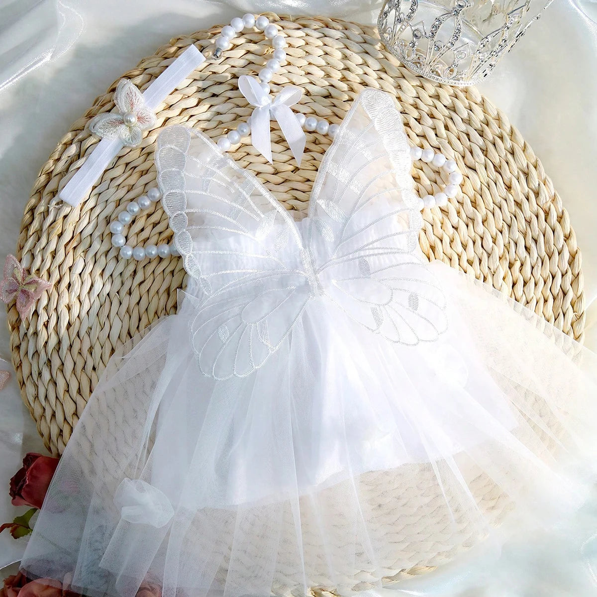 2Pcs Newborn Girl Dress Sweet Hanging Strap Butterfly Mesh Cute Back Butterfly Wings Mesh Dress Princess Dress Suitable for 0-3