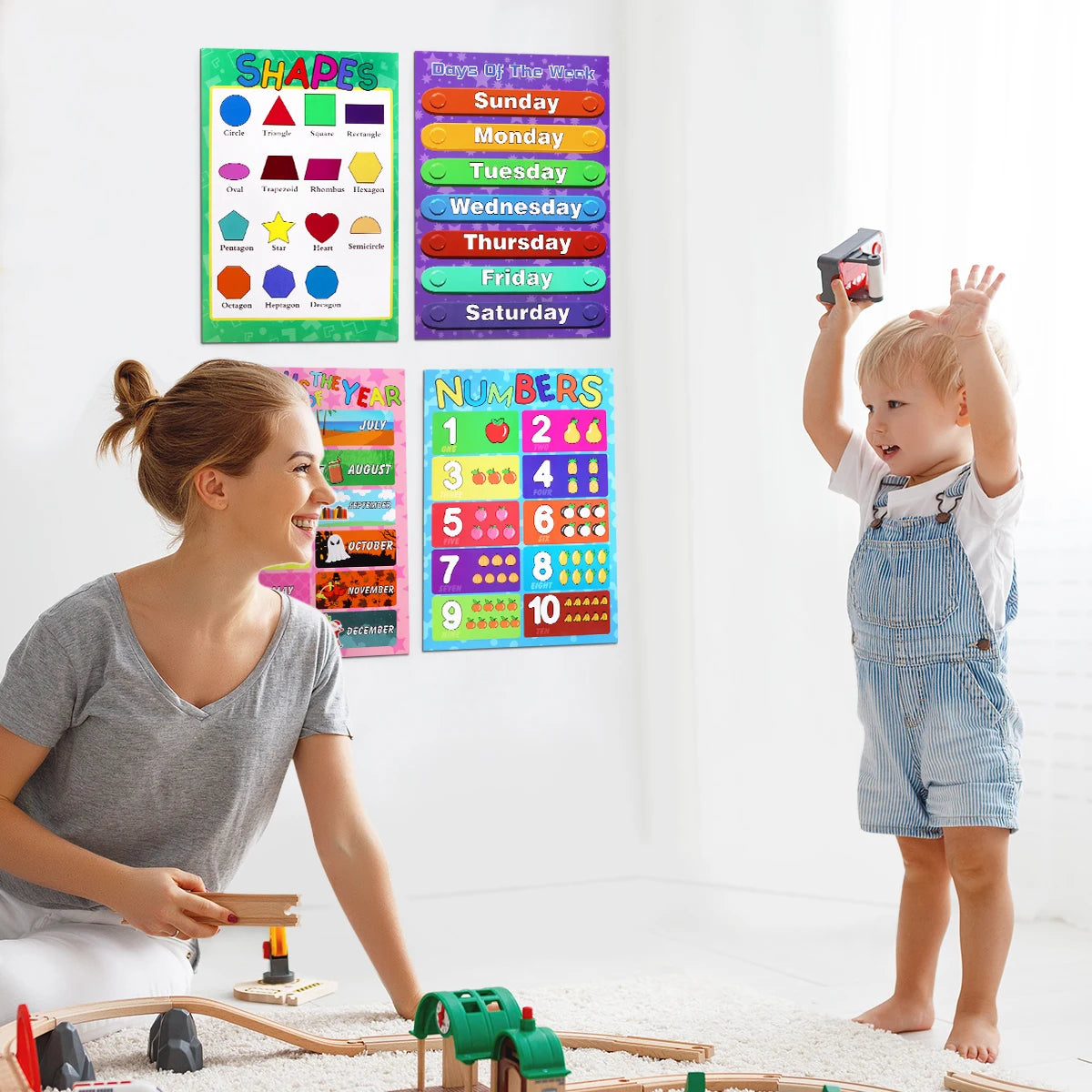 10PCS Educational Preschool Posters Charts for Preschoolers Toddlers Kids Kindergarten Classrooms Includes Alphabet Letters Colors Days of the Week Numbers 1-10 Numbers 1-100 Farm Animals Seasons Weathers Months Shapes