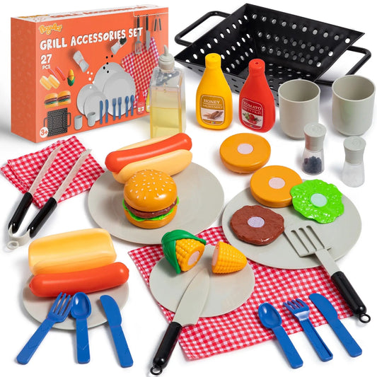 27 Pcs Kids Kitchen Toy Playset BBQ Grill Pretend Play Food Sets, Gift for Toddlers 2 3 4 Years Old Girls Boys