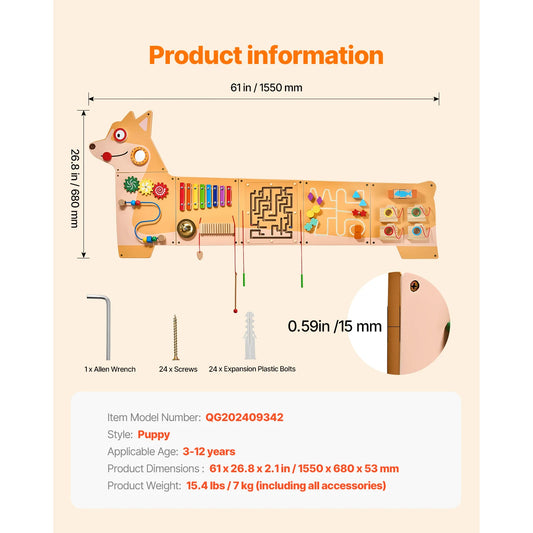 SucceBuy Puppy Kids Wall Busy Panels 12 Activities Board Montessori Sensory Learning Activity Center for Children Playroom Toys