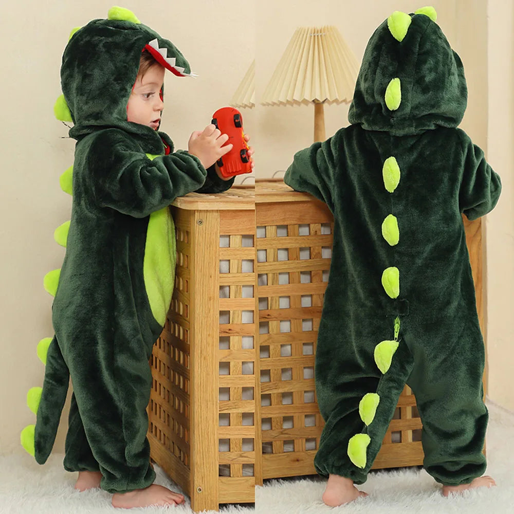 Cute Flannel Animal Rompers for Baby Winter Kid 1 2 3 4 Years Cartoon Jumpsuit Boy Girl Long Sleeve Hooded Playsuit Thick Pajama