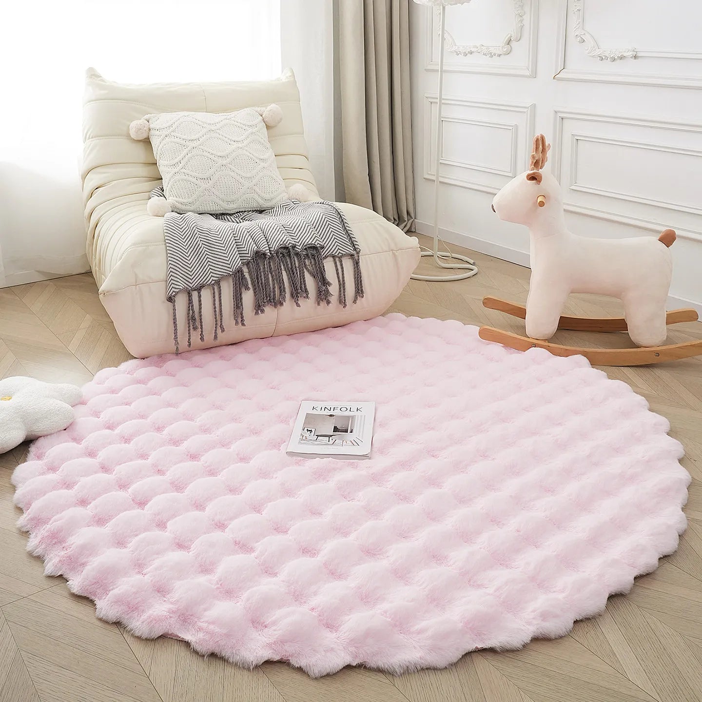 Round Bubble Faux Rabbit Fur Rug Soft Plush Mats Cream Style Bedroom Bedside Carpet Kids Play Floor Mat for Living Room Nursery