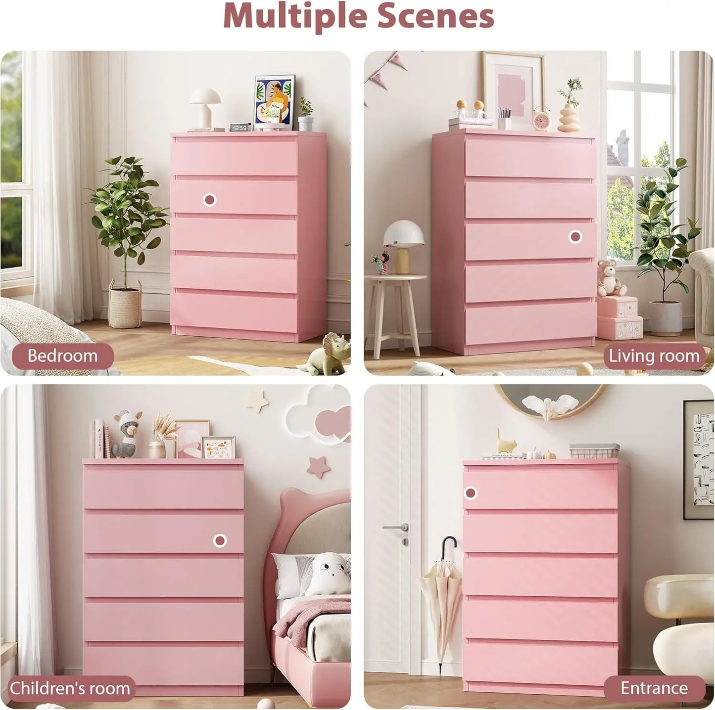 Pink 5 Drawer Dresser for Bedroom, 15" D x 23.7" W x 40.4" H in Modern Chest of Drawers, Wood Storage Dresser with Handleless