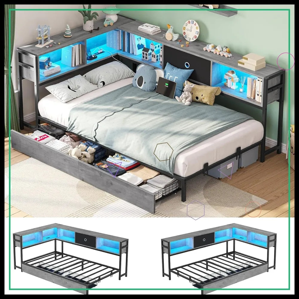 Twin Corner Bed Frame with Storage Drawers, Bookcase Headboard, LED Lights & Charging Station - Oak Gray Daybed for Kids Teens