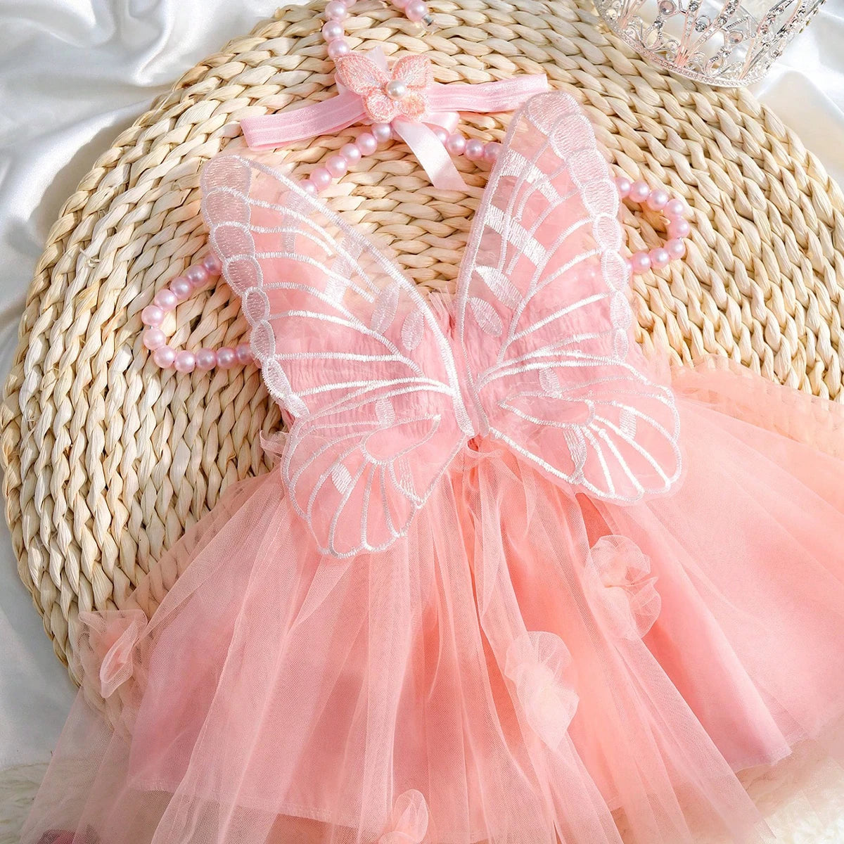 2Pcs Newborn Girl Dress Sweet Hanging Strap Butterfly Mesh Cute Back Butterfly Wings Mesh Dress Princess Dress Suitable for 0-3