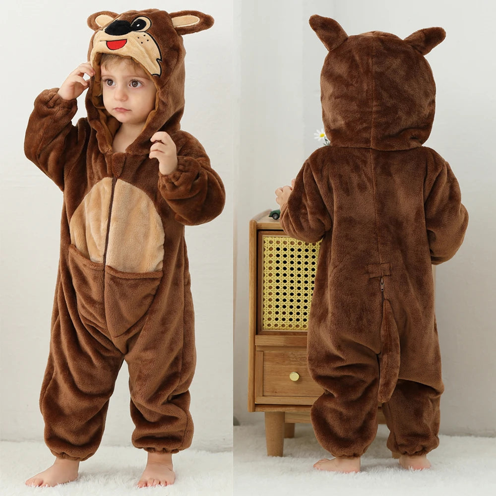 Cute Flannel Animal Rompers for Baby Winter Kid 1 2 3 4 Years Cartoon Jumpsuit Boy Girl Long Sleeve Hooded Playsuit Thick Pajama