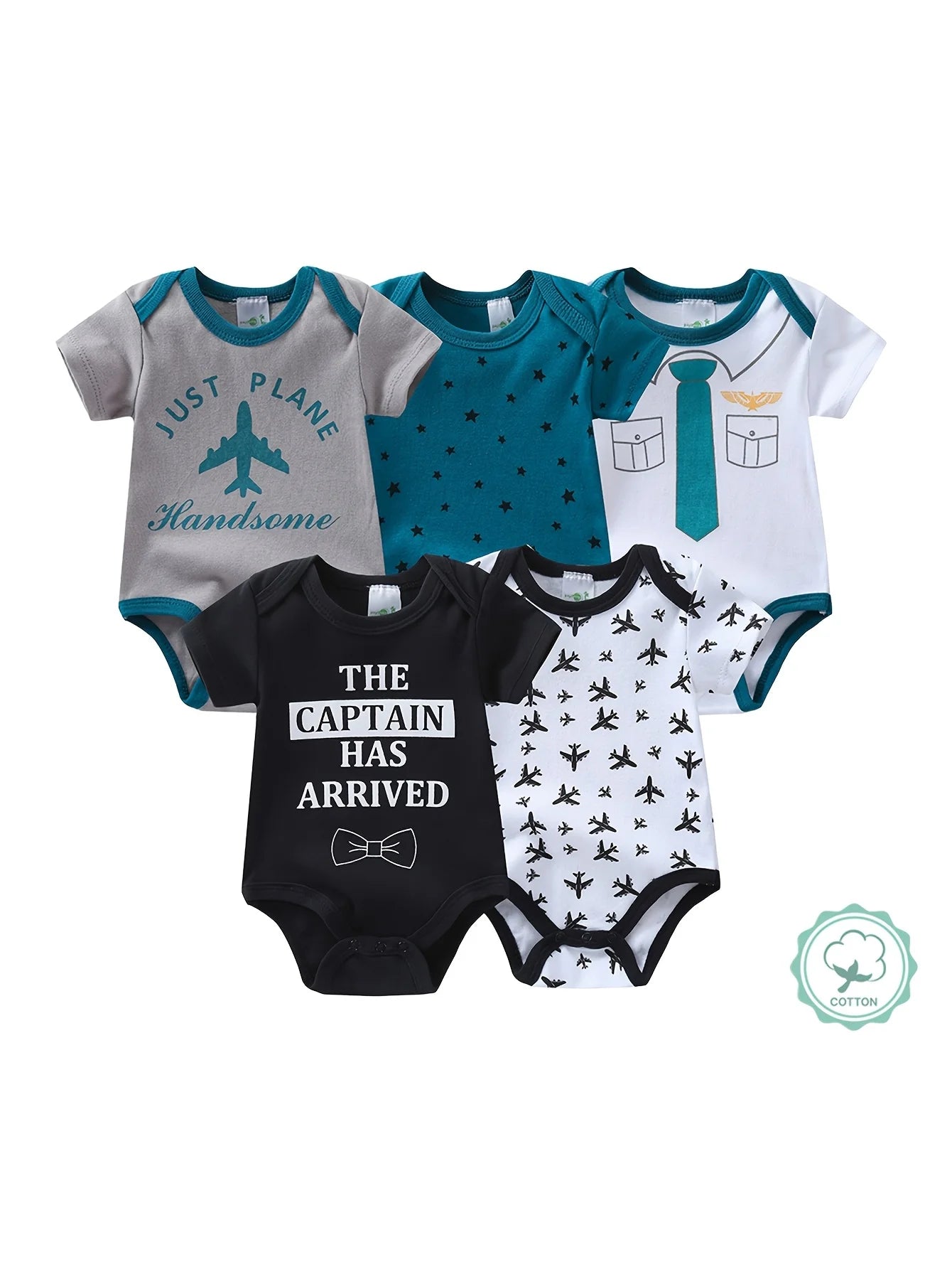 5pcs Baby Boy Short Sleeve Triangle Rompers, Infant Jumpsuits, Newborn Essential Outfits, Soft Breathable Casual Onesies,  Hospital Delivery Baby Supplies, Airplane And Gentleman Bow Tie Design, Baby Items Big Discount, for O