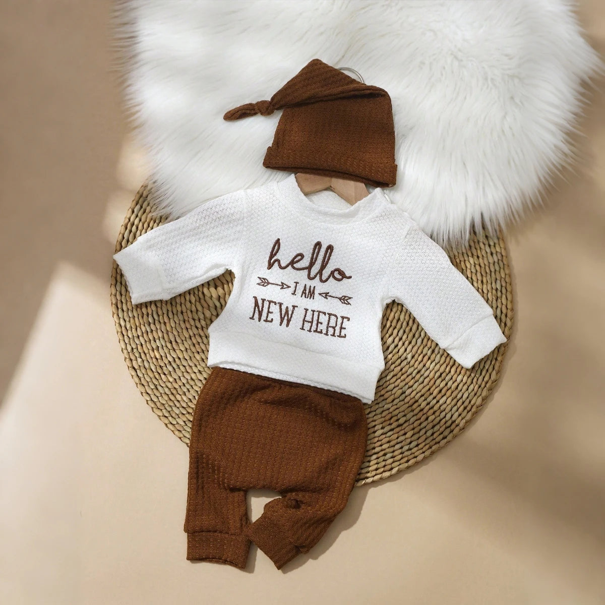 2PCS "Hello" Embroidery Newborn Photography Props Infant Romper Jumpsuit with Bow Hat Baby Coming Home Outfit Baby Photo Gift