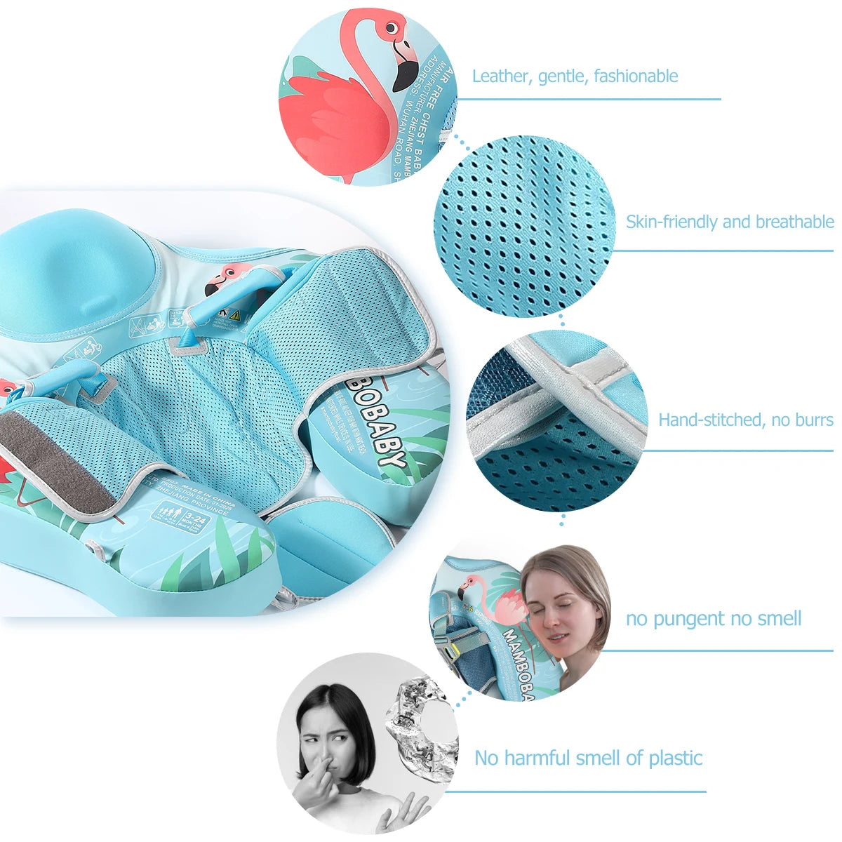 Gentle Skin-Safe Flamingo Air-Free Chest Float with Flat Canopy B503-143-W-Z Baby Swimming Ring Infant Water Circle