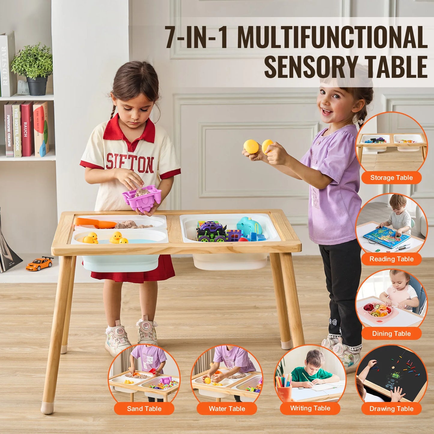 Wooden Sensory Table for Kids Activity with 3 Foldable Storage Bins & Double-Sided Board Indoor/Outdoor for Studying
