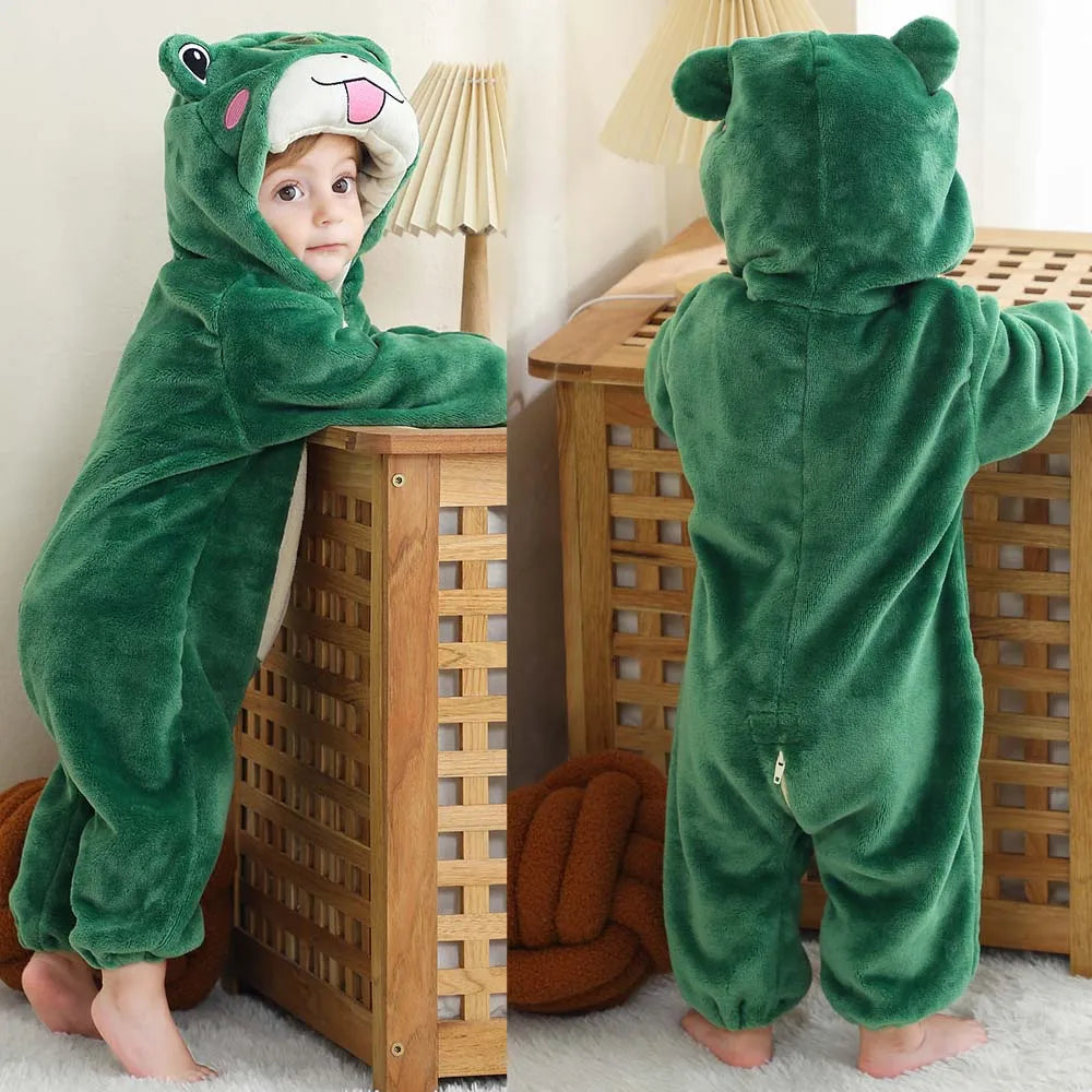 Cute Flannel Animal Rompers for Baby Winter Kid 1 2 3 4 Years Cartoon Jumpsuit Boy Girl Long Sleeve Hooded Playsuit Thick Pajama