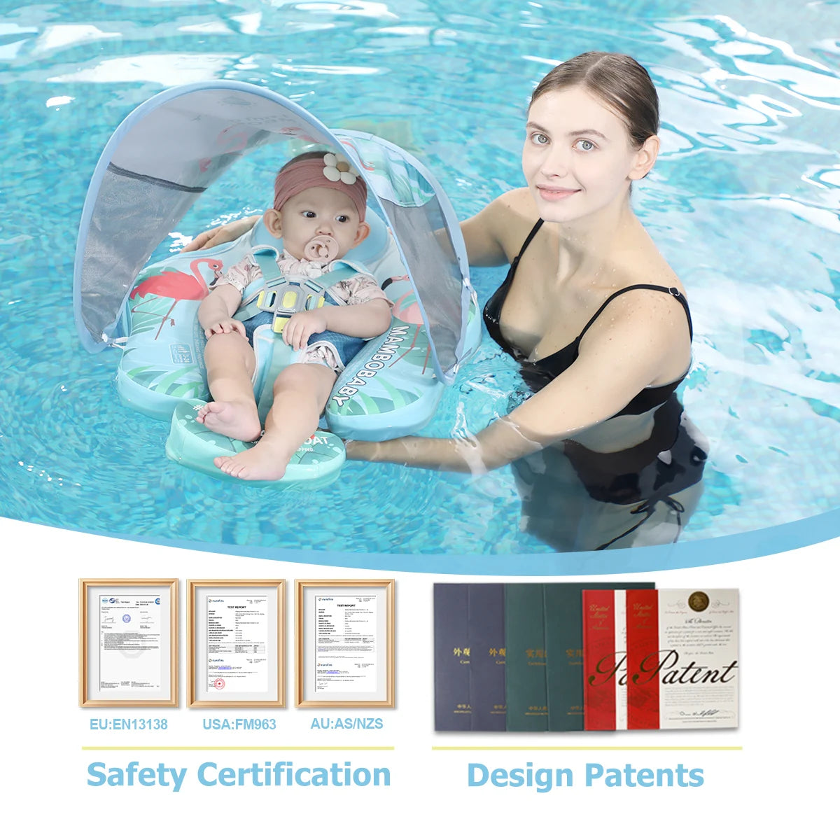 Gentle Skin-Safe Flamingo Air-Free Chest Float with Flat Canopy B503-143-W-Z Baby Swimming Ring Infant Water Circle