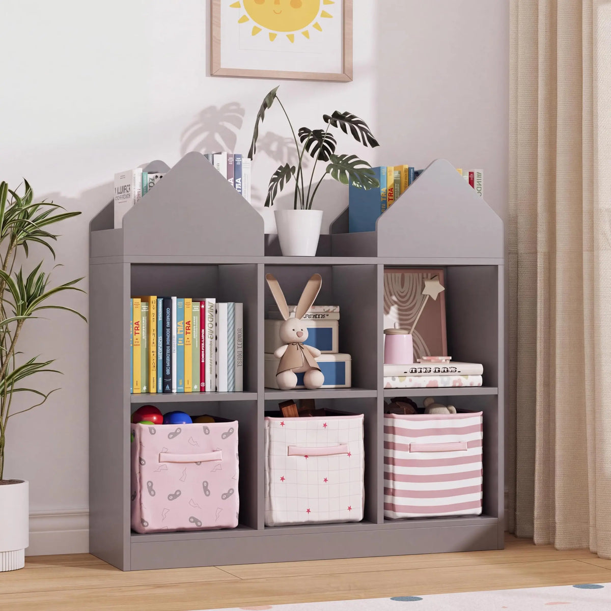Kids Bookshelf And Toy Storage Organizer With 4 Book Racks 6 Open Cubbies Castle Design Toddler Bookshelf Toy Chest Toy Box For Playroom Nursery Daycare