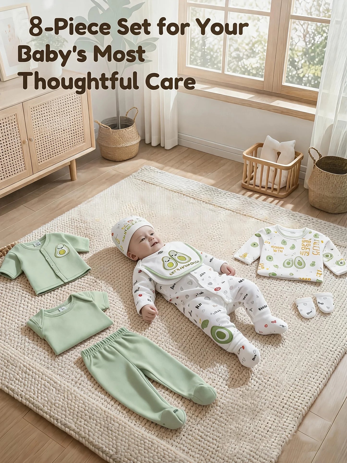 8pcs Newborn Baby Set, 100% Cotton Infant Essentials for Hospital Delivery, Unisex Bodysuit & Romper Outfit with Tops, T-shirts And Hat,, Perfect for Outdoor