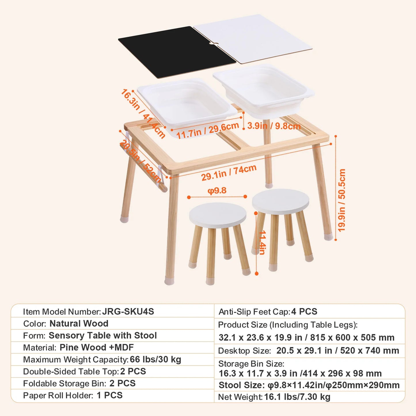 Wooden Sensory Table for Kids Activity with 3 Foldable Storage Bins & Double-Sided Board Indoor/Outdoor for Studying