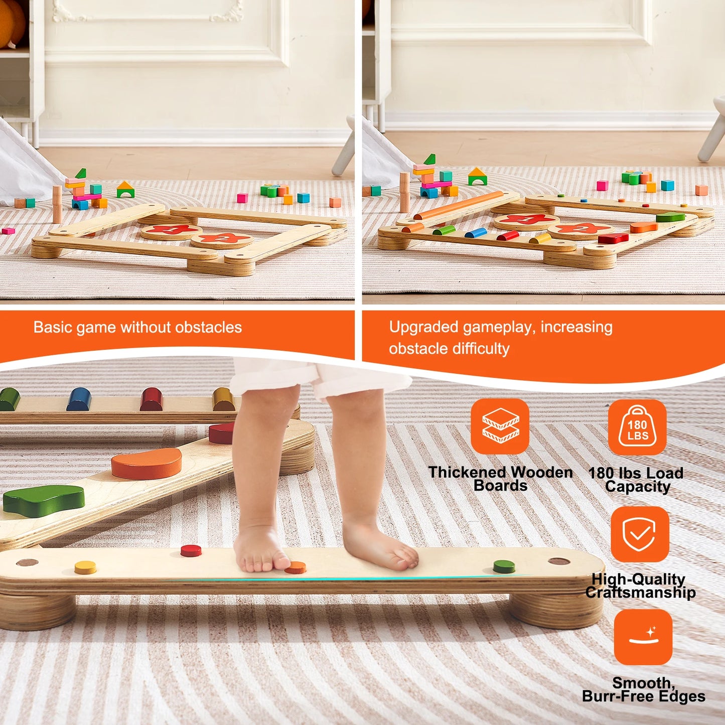 6 PCS Balance Beam Stepping Stones Indoor Outdoor Wooden Toddler Balance Boards for Kids 2-6 Children Montessori Toy