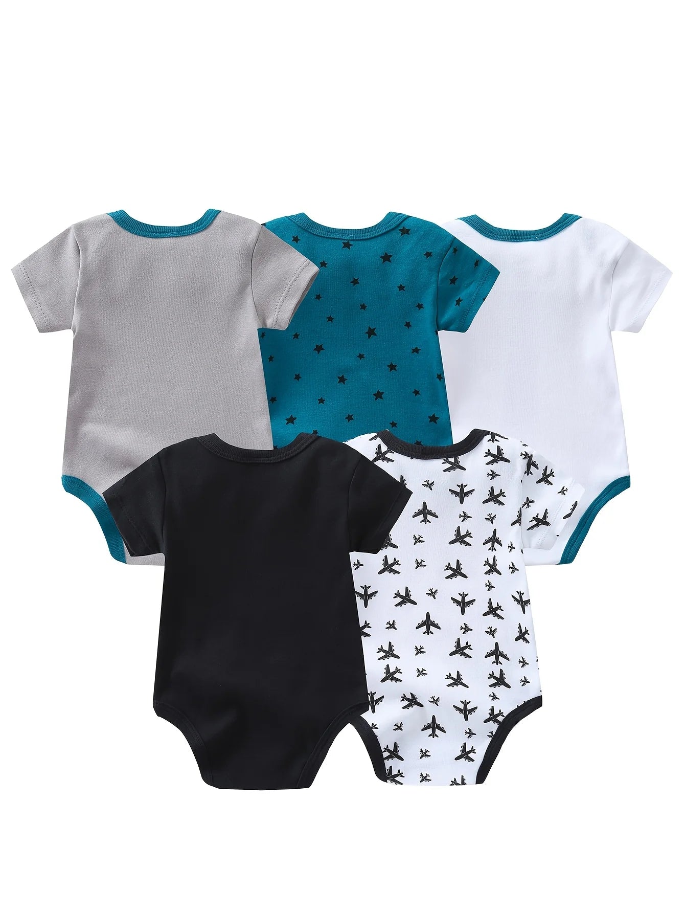 5pcs Baby Boy Short Sleeve Triangle Rompers, Infant Jumpsuits, Newborn Essential Outfits, Soft Breathable Casual Onesies,  Hospital Delivery Baby Supplies, Airplane And Gentleman Bow Tie Design, Baby Items Big Discount, for O