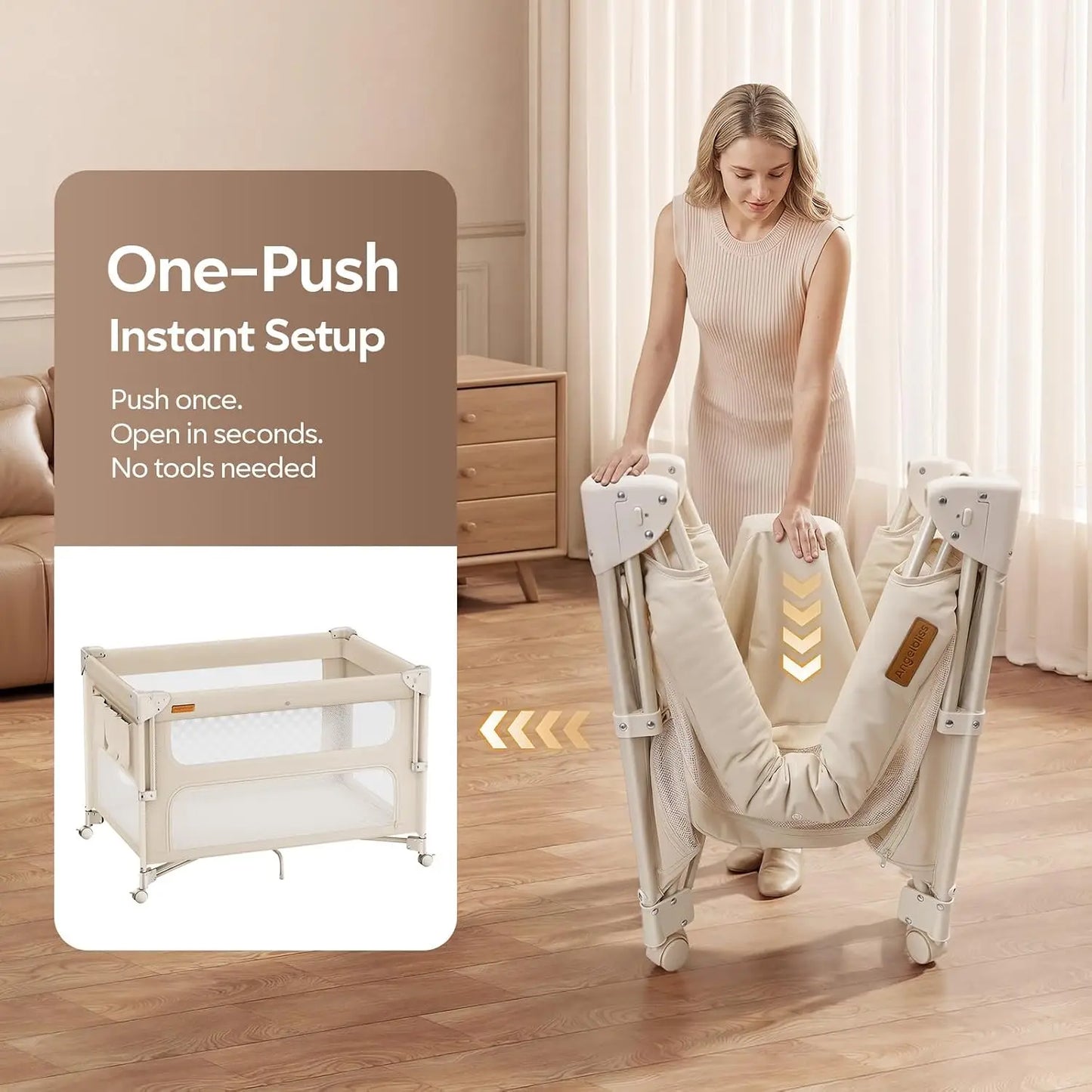 Baby Bassinet Bedside Crib, 5-in-1 One-Push Instant Fold Pack and Play with Changing Table, Napper Bassinet, Mattress & Mosquito