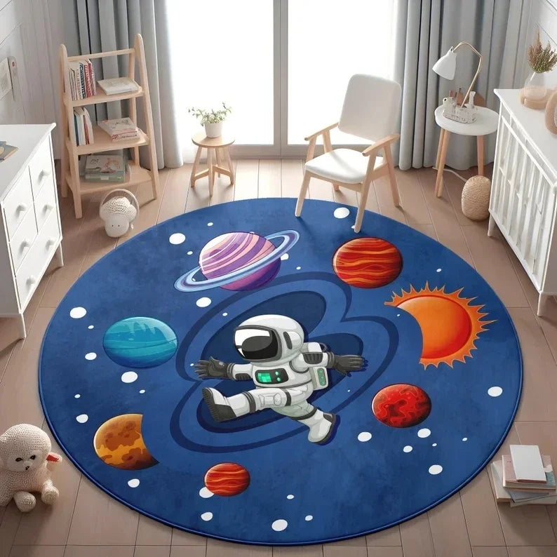 Planets Astronauts Playmat Round Rug  Living Room Decor Sofa Rug Kid's Play Mat Boys Bedroom Bedside