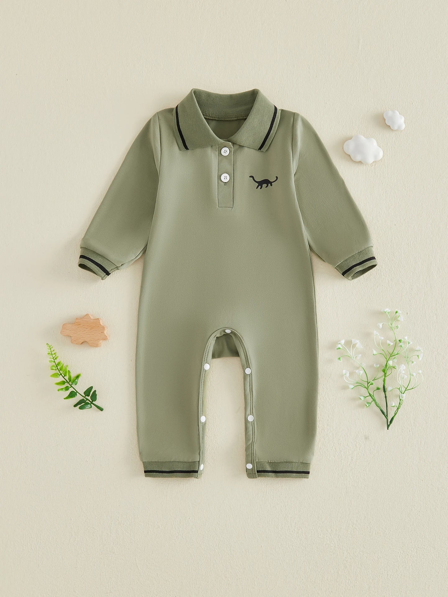 Sleeve-Lapel Romper Long Sleeve Jumpsuit Dinosaur Print Jumpsuit Newborn Footless Pajamas Pajamas Boy-Romper-Long Lapel