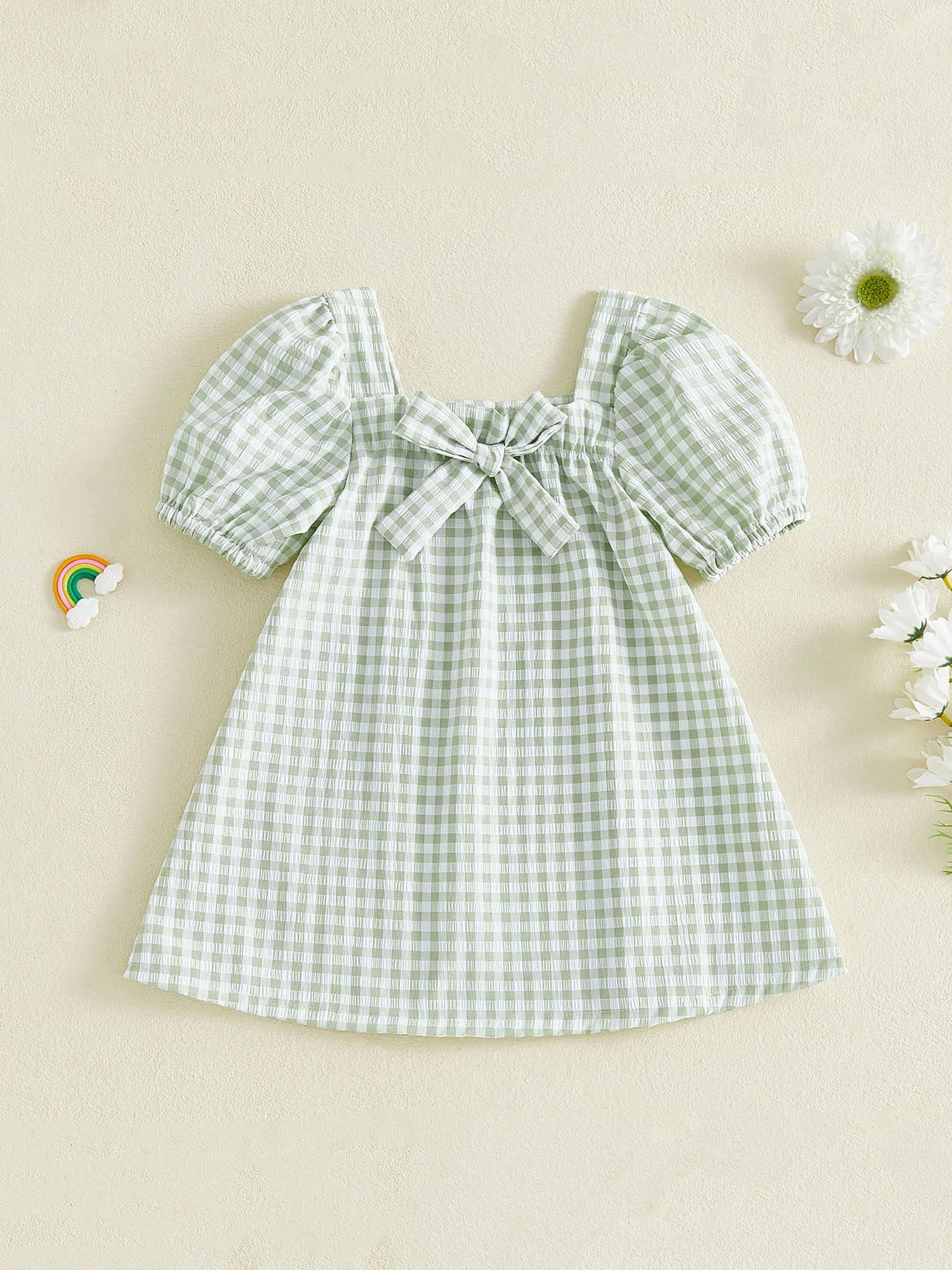 Stylish Toddler Girls Plaid Dress with Short Sleeves Square Collar and Adorable Bow Detail - Perfect for Summer