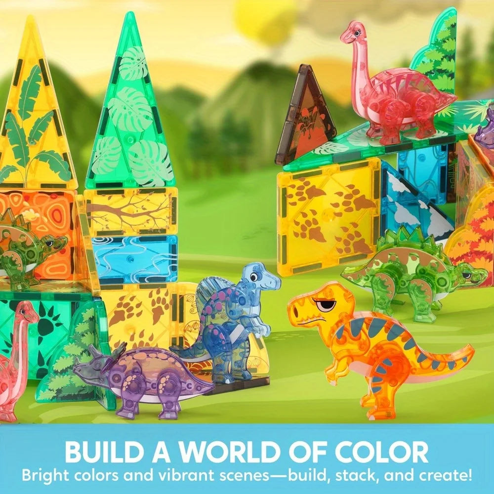 50Pcs Magnetic Building Tiles Dinosaur Set for Kids Christmas Birthday Gift 5 Cute Dinosaurs Educational STEM Toy