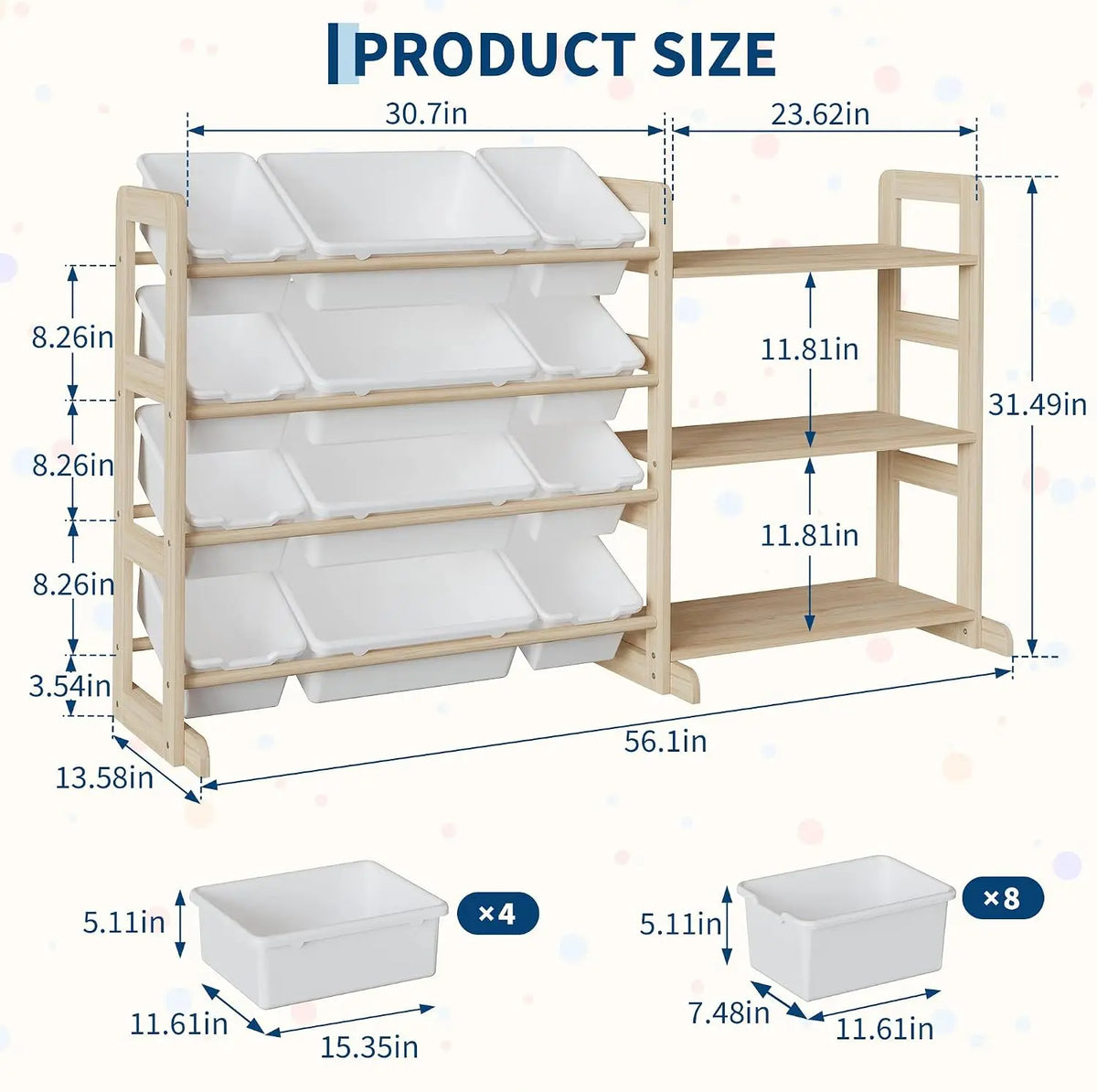 Toy Storage Organizer for Kids, 12 Bins with 3 Open Shelves, 56" Tall Wooden Bookshelf Display Rack, Solid Pine Natural Finish, Sturdy Toddler Room Shelf Unit for Playroom, Bedroom & Nursery
