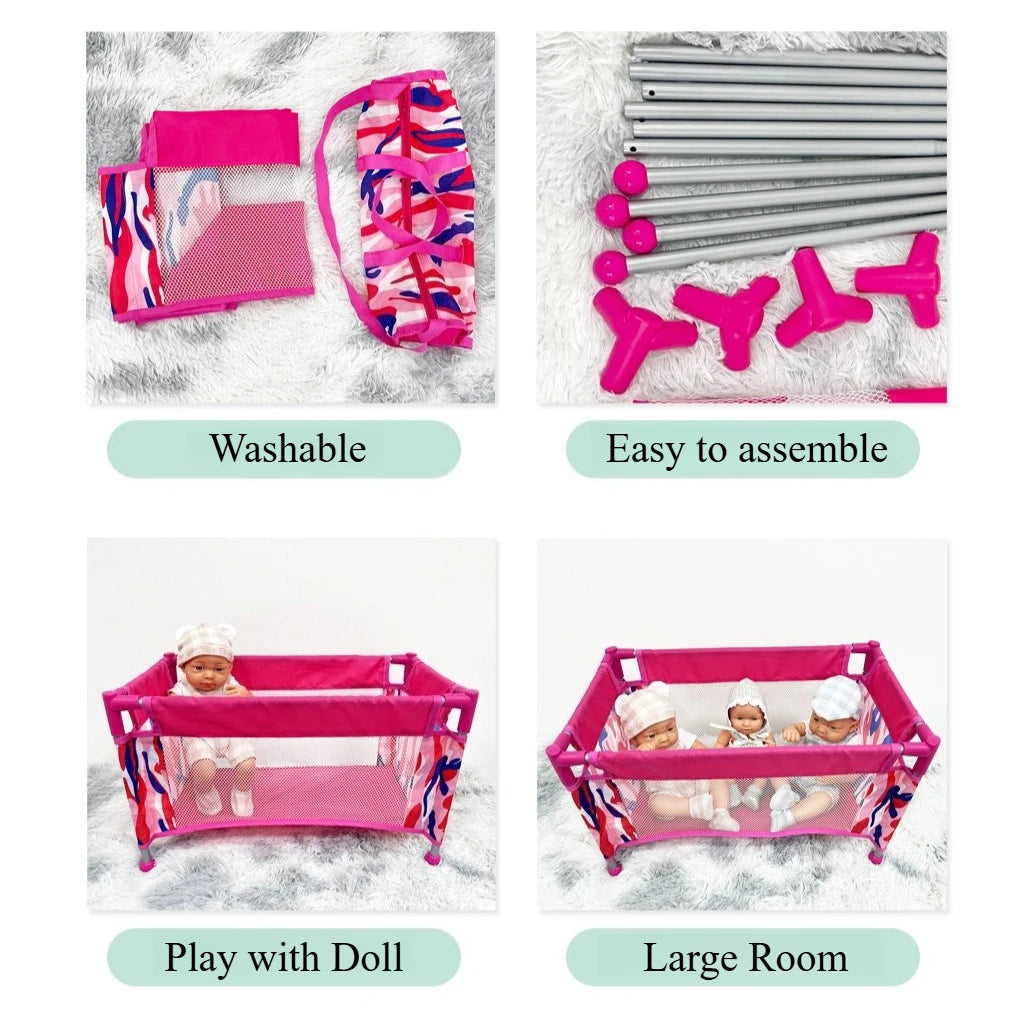 Baby Doll Crib Pack and Play Accessory Simulation DIY Doll Bed up to 18" Dolls with Carry Along Bag Toy Gift for Girls and Kids