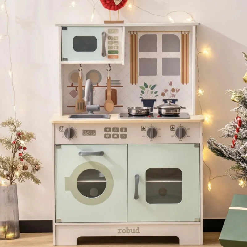 Play Kitchen Wooden Play Kitchen Set Pretend Playset w/ Lights & Sounds Gift for Girls Boys Age 3+ Light Green