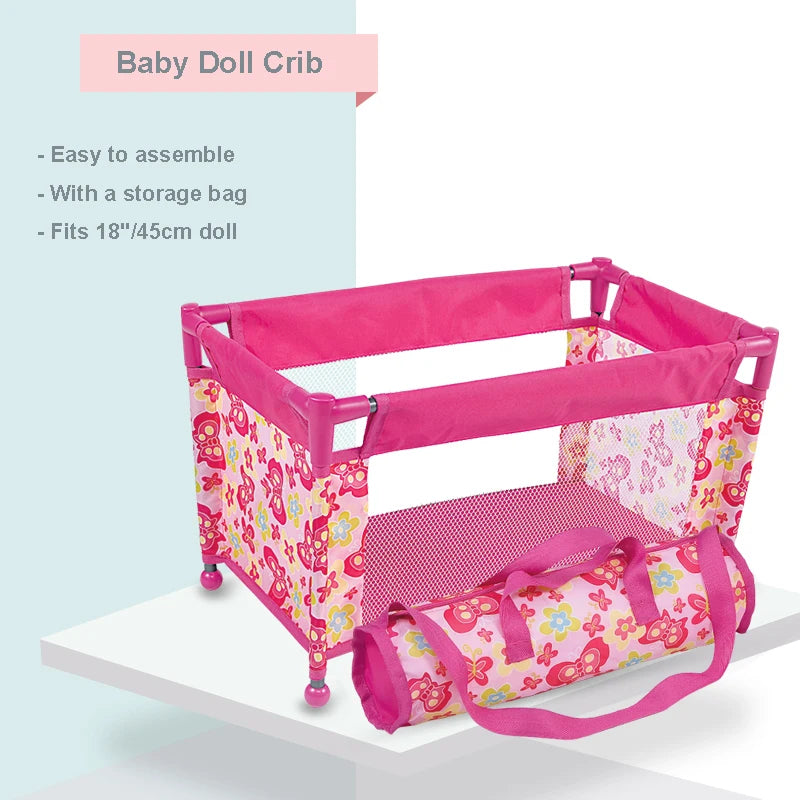 Baby Doll Crib Pack and Play Accessory Simulation DIY Doll Bed up to 18" Dolls with Carry Along Bag Toy Gift for Girls and Kids