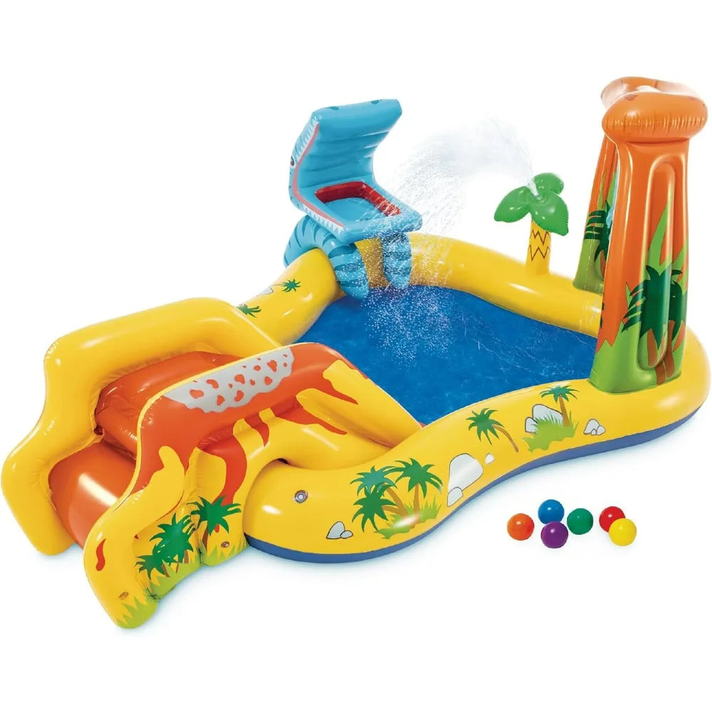 Inflatable Dinosaur Play Center, Outdoor Inflatable Water Park with Slide, Water Sprayer, Waterfall, 6 Balls, Kids Pool Playhour