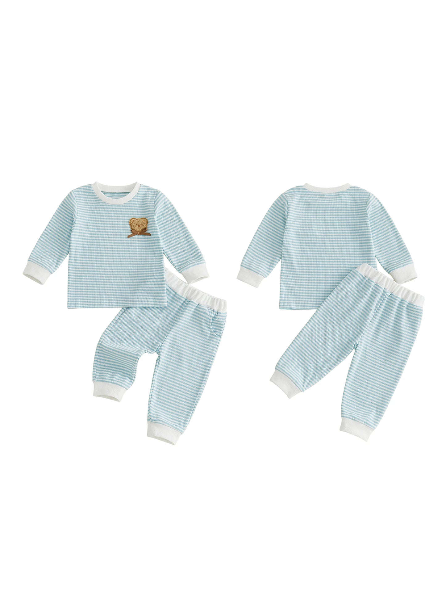 Striped Neck Sleeve-Crew-Neck Embroidery Striped Print Boy Fall Matching Toddler Crew Neck Bear High Quality Striped Neck