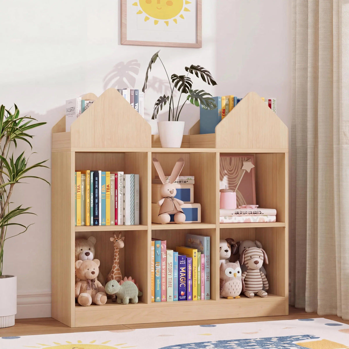 Kids Bookshelf And Toy Storage Organizer With 4 Book Racks 6 Open Cubbies Castle Design Toddler Bookshelf Toy Chest Toy Box For Playroom Nursery Daycare