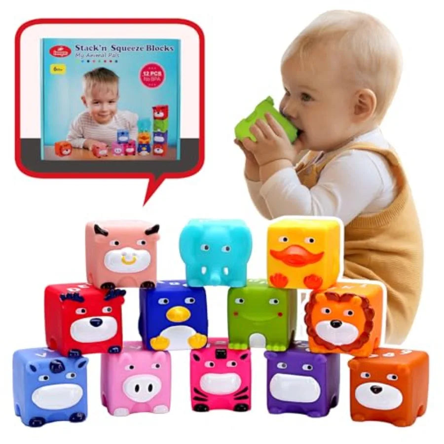 Soft Baby Blocks Stacking and Building Toys for Babies and Toddlers 12 Pcs No Hole Squeeze Animal Blocks Sensory Teething Toys
