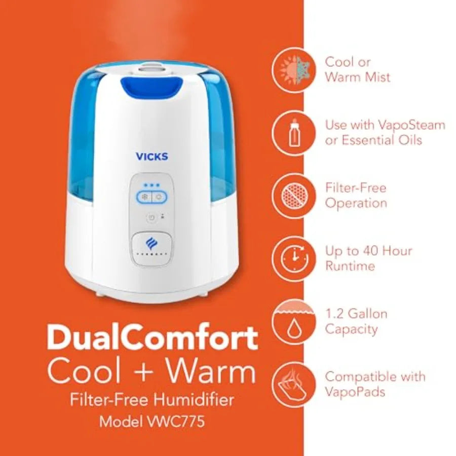 Dual Comfort Cool + Warm Mist Humidifier for Bedrooms With Fusion Technology, Compatible with VapoPads and VapoSteam, White