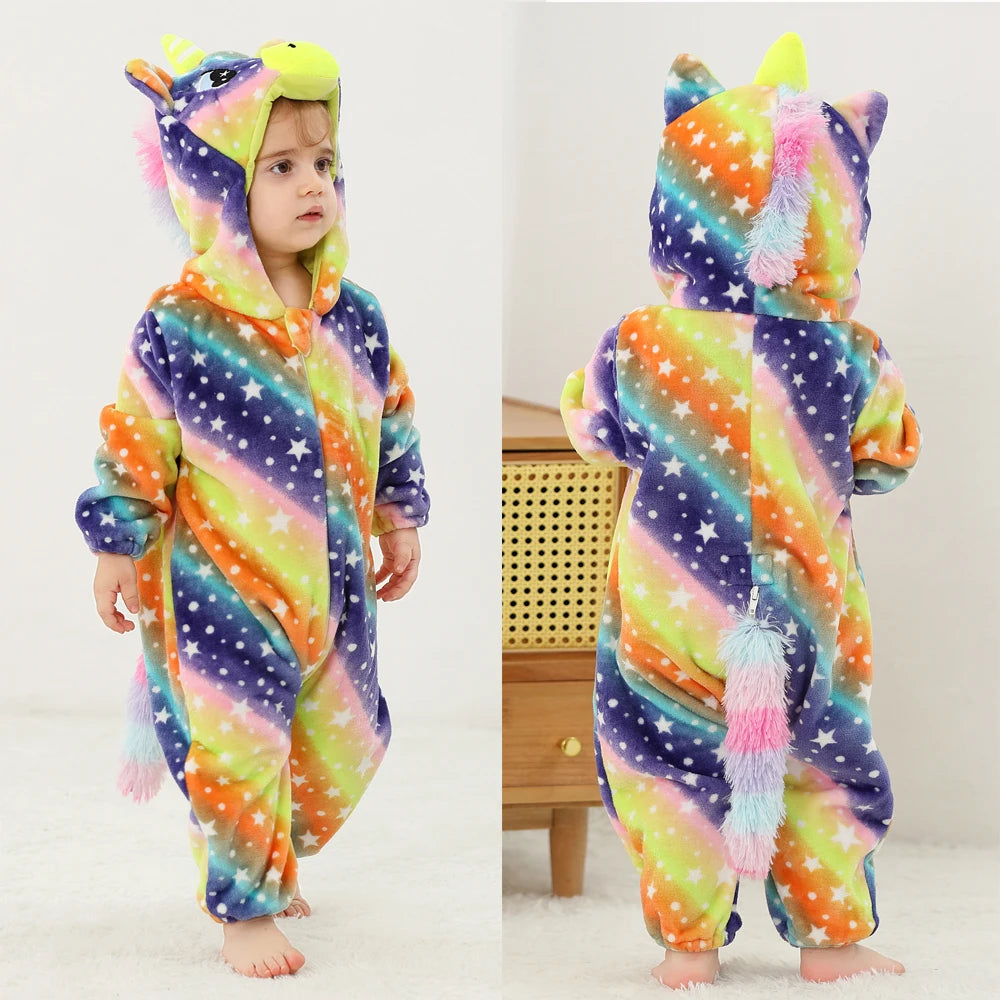 Cute Flannel Animal Rompers for Baby Winter Kid 1 2 3 4 Years Cartoon Jumpsuit Boy Girl Long Sleeve Hooded Playsuit Thick Pajama