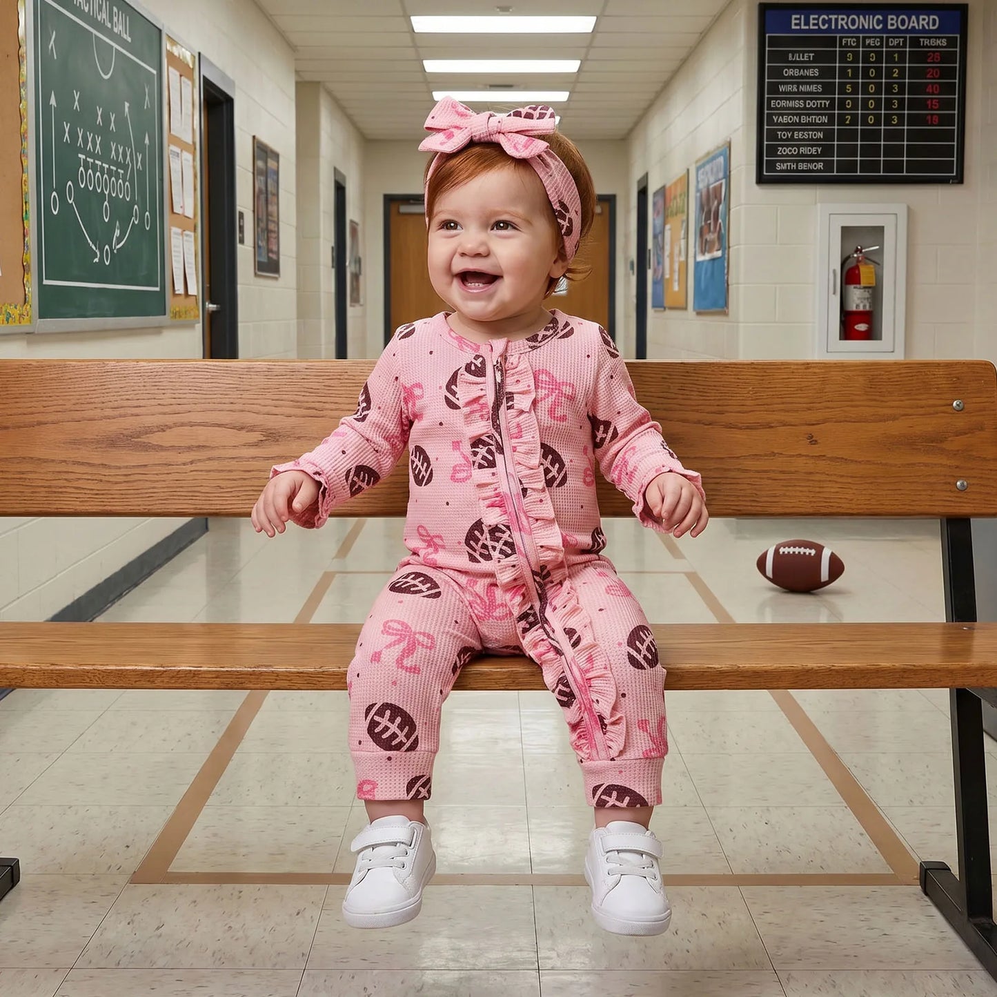Baby Clothing Girls Fall Waffled Romper Bow Football Print Long Sleeve  Ruffled Zip Up Jumpsuit with Headband Newborn Clothes