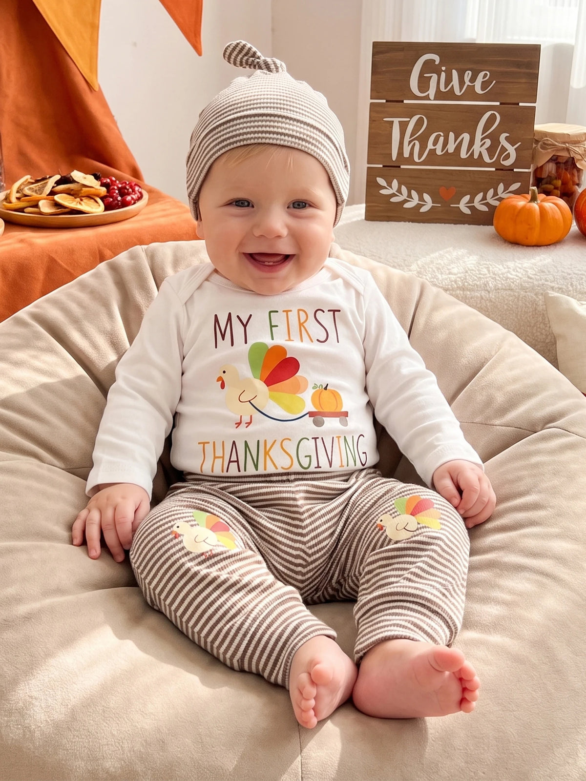 Baby Thanksgiving Outfit Thanksgiving Outfit Letter Baby Boy Thanksgiving Sleeve Stripe Stripe Pants Hat Romper Stripe Pants Top