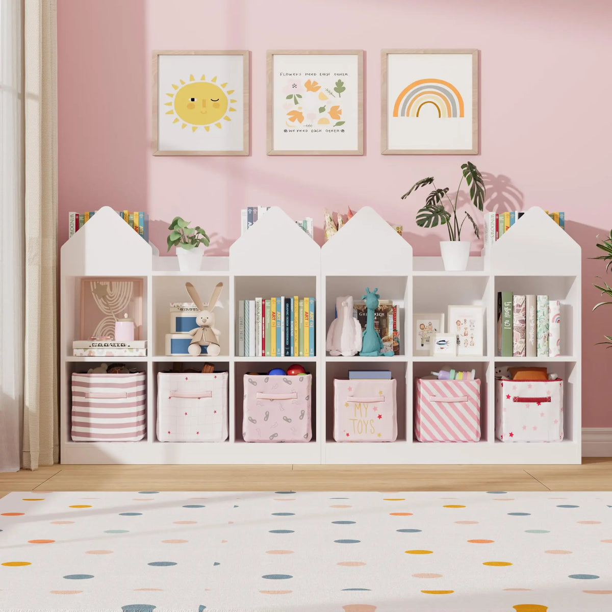 Kids Bookshelf And Toy Storage Organizer With 4 Book Racks 6 Open Cubbies Castle Design Toddler Bookshelf Toy Chest Toy Box For Playroom Nursery Daycare