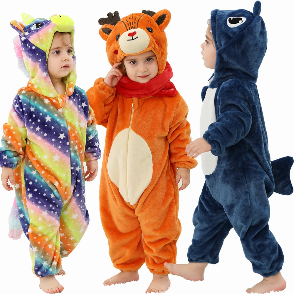 Cute Flannel Animal Rompers for Baby Winter Kid 1 2 3 4 Years Cartoon Jumpsuit Boy Girl Long Sleeve Hooded Playsuit Thick Pajama
