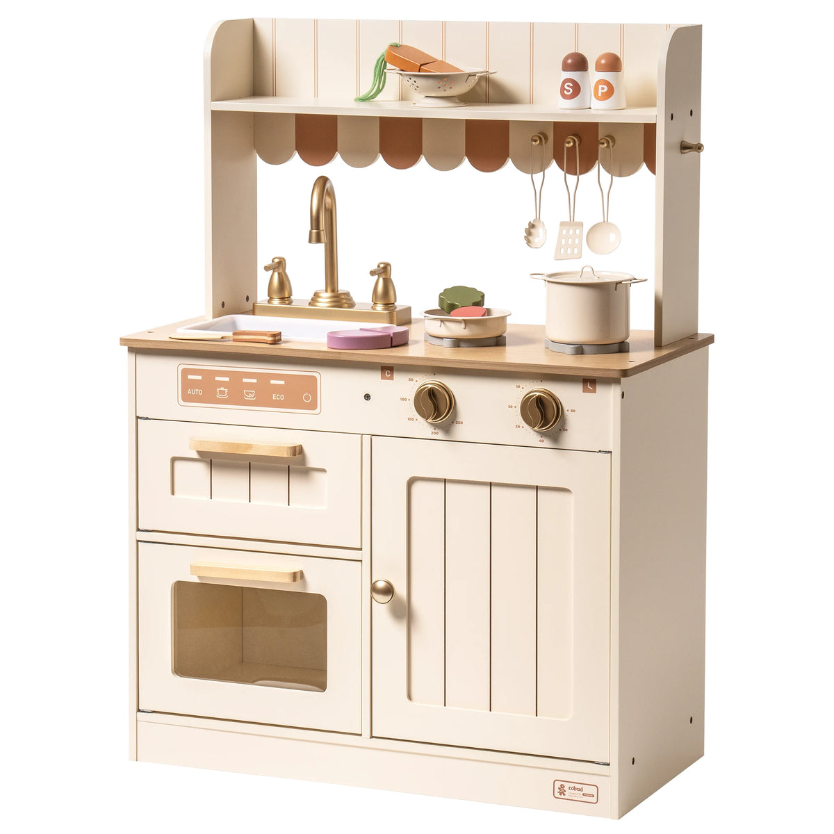 Play Kitchen for Kids Toddlers Wooden Pretend Play Kitchen Set Toy with Cutting Food Set Toys Kitchen Gift for 3+ Kids Beige