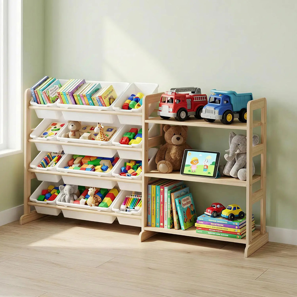Toy Storage Organizer for Kids, 12 Bins with 3 Open Shelves, 56" Tall Wooden Bookshelf Display Rack, Solid Pine Natural Finish, Sturdy Toddler Room Shelf Unit for Playroom, Bedroom & Nursery