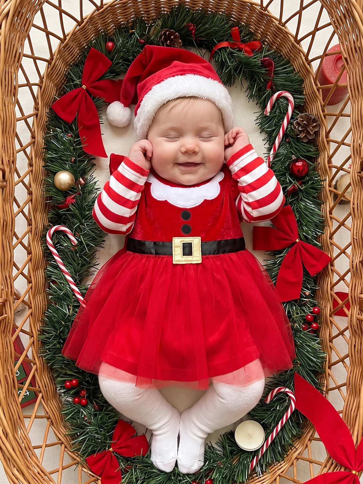 Girl Christmas Striped-Sleeve-Tulle Long Sleeve Striped Sleeve Baby Girl Christmas Long Striped Sleeve Long-Striped