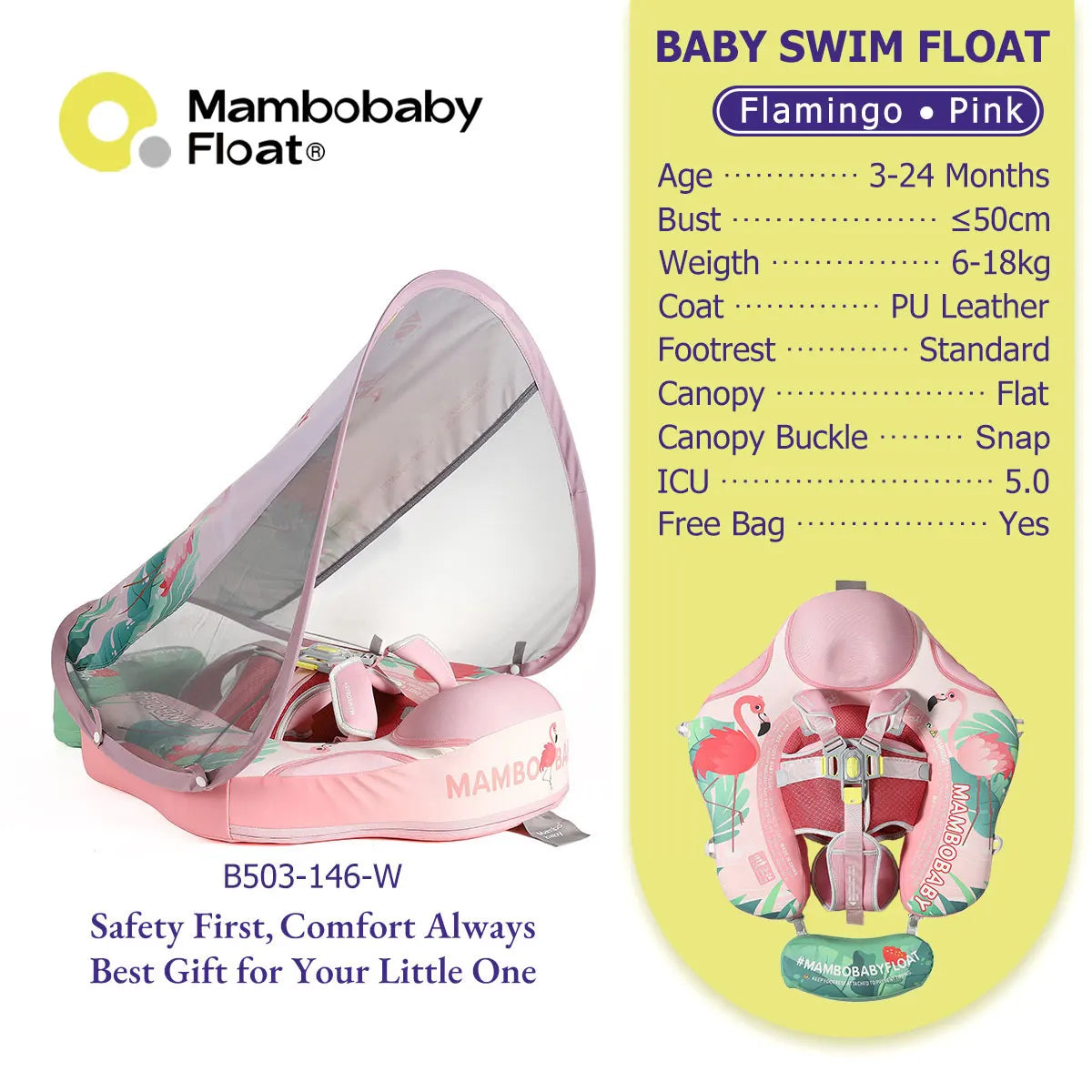 Mambobaby Gentle Skin-Safe Flamingo Air-Free Chest Float with Flat Canopy B503-143-W-Z Baby Swimming Ring Infant Water Circle