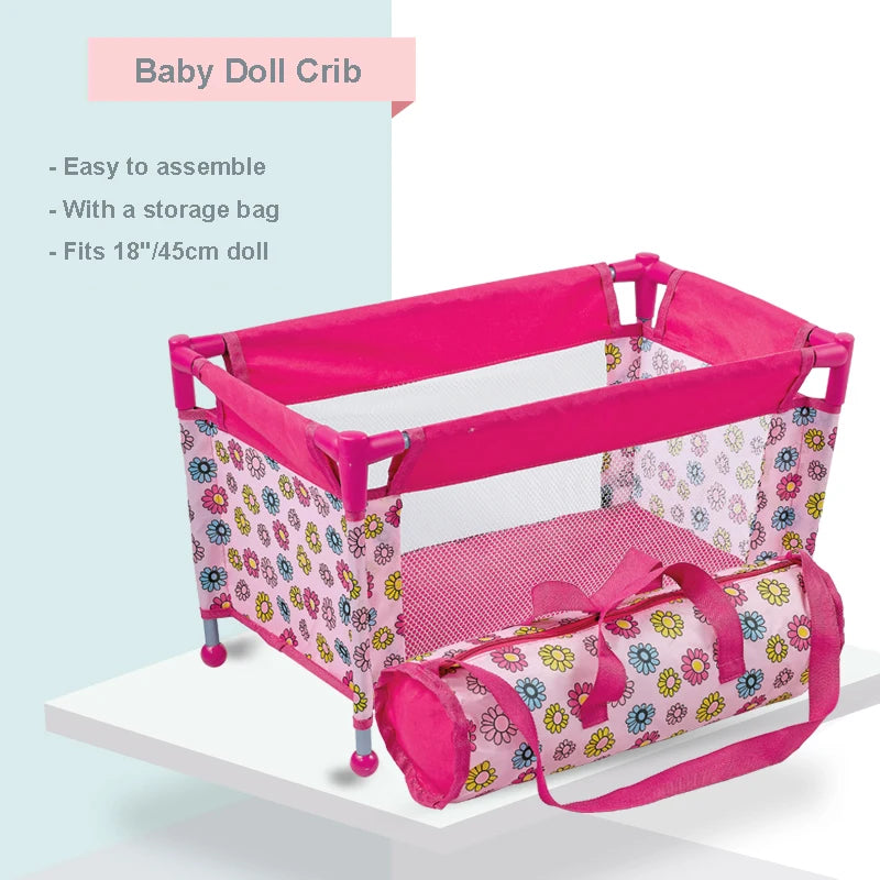 Baby Doll Crib Pack and Play Accessory Simulation DIY Doll Bed up to 18" Dolls with Carry Along Bag Toy Gift for Girls and Kids